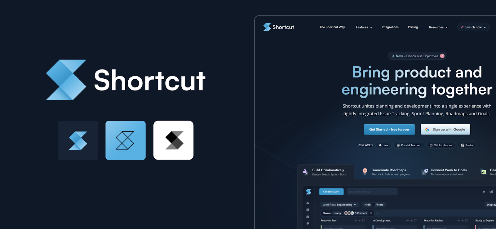 Image old Shortcut Branding - Mostly dark-themed with blue as the primary color
