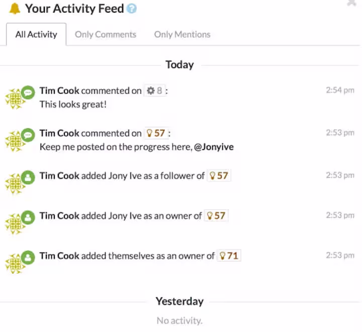 The Shortcut activity feed