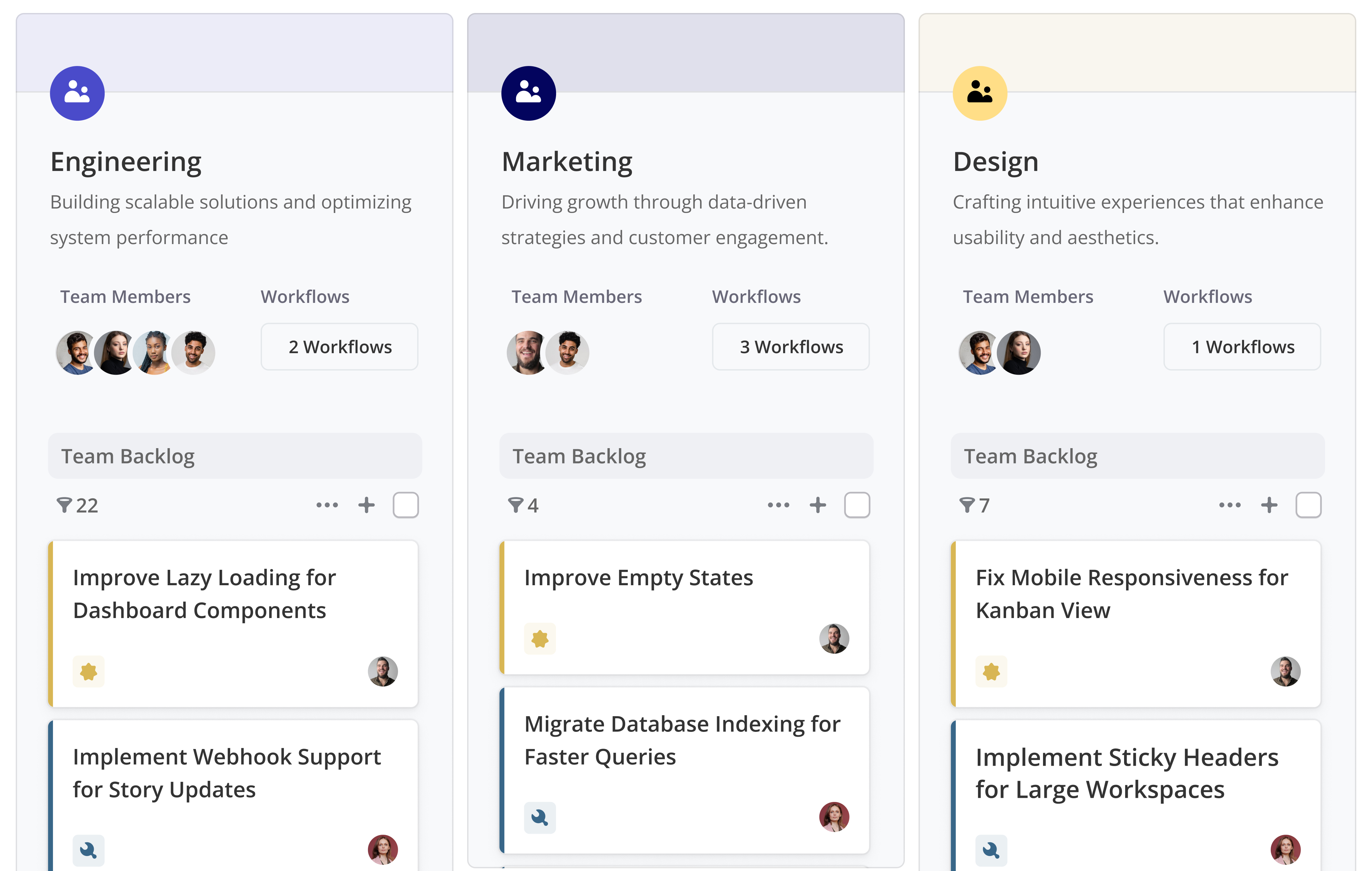 Project management tool displaying team workflows for engineering, marketing, and design teams.