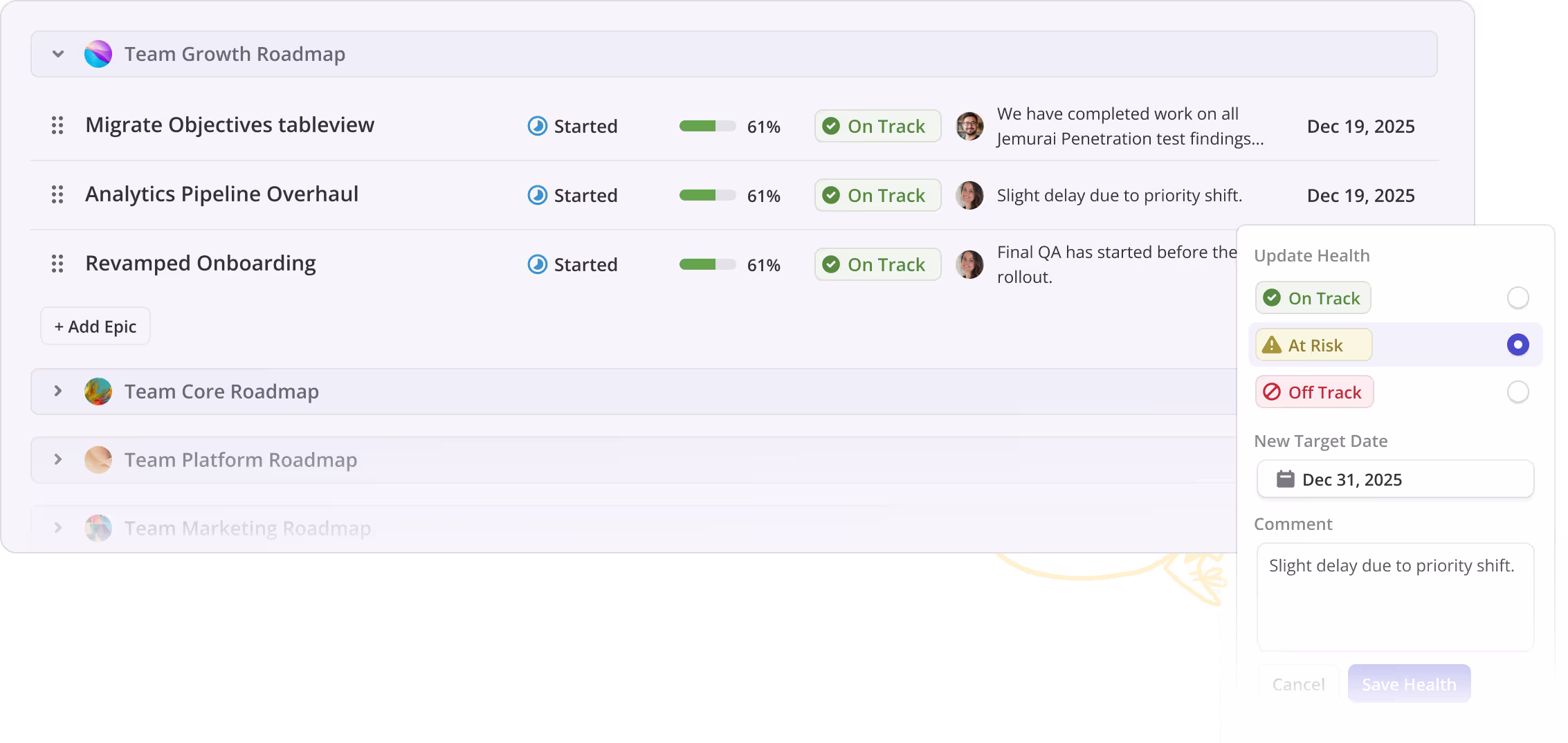 A roadmap with a Health Status update