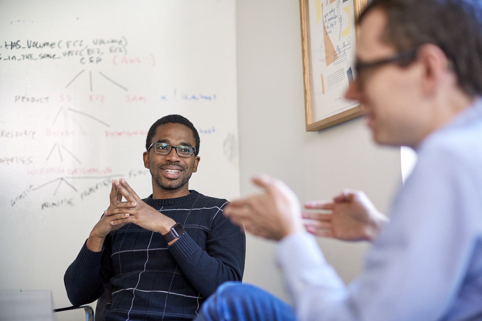 Startup team discussing product development with a project planning whiteboard in the background