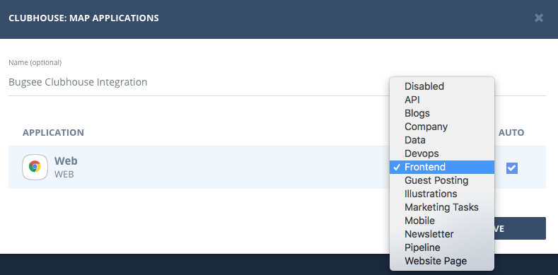 Selecting the Shortcut Project in Bugsee