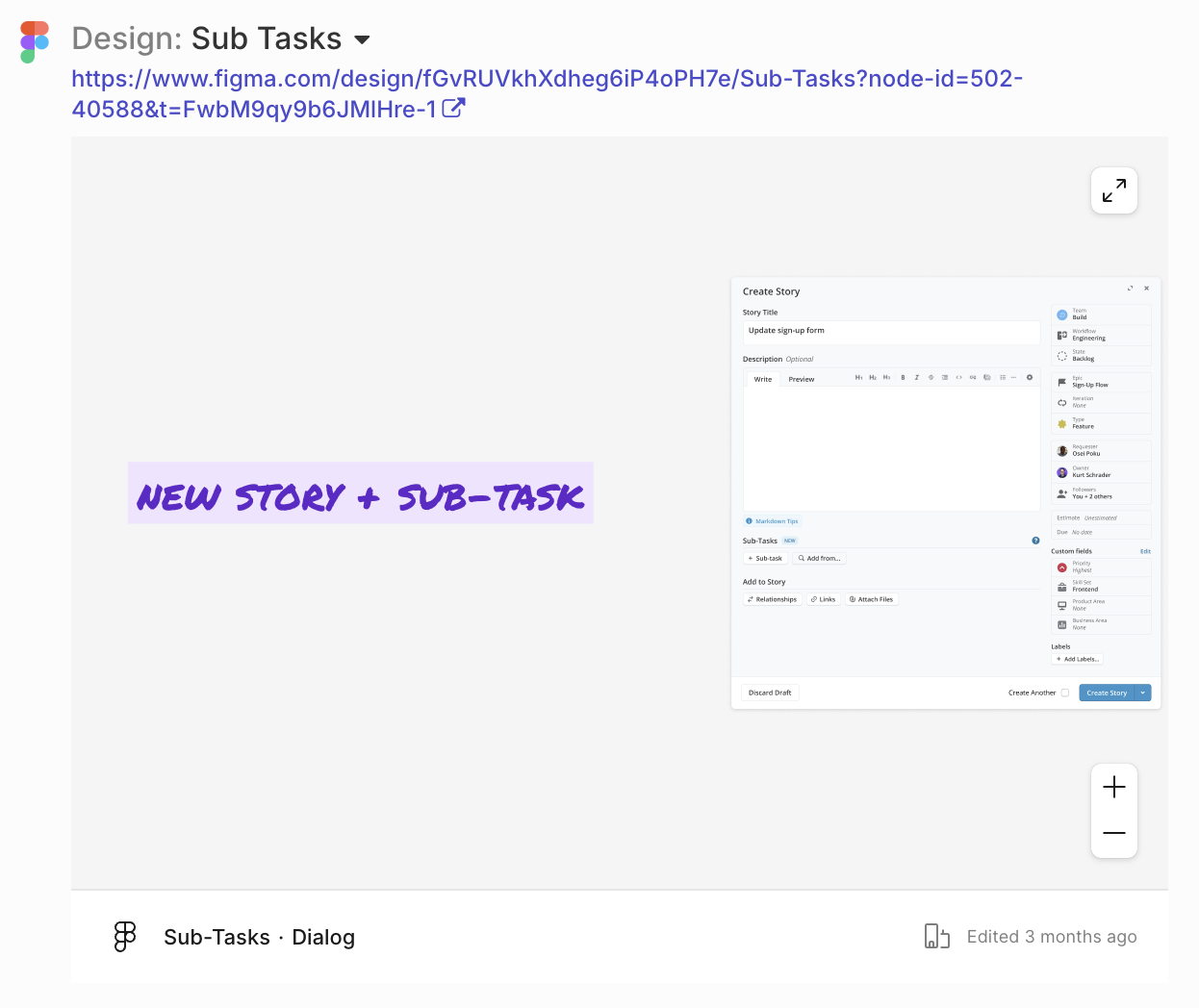 A Figma design embedded in a Shortcut Story