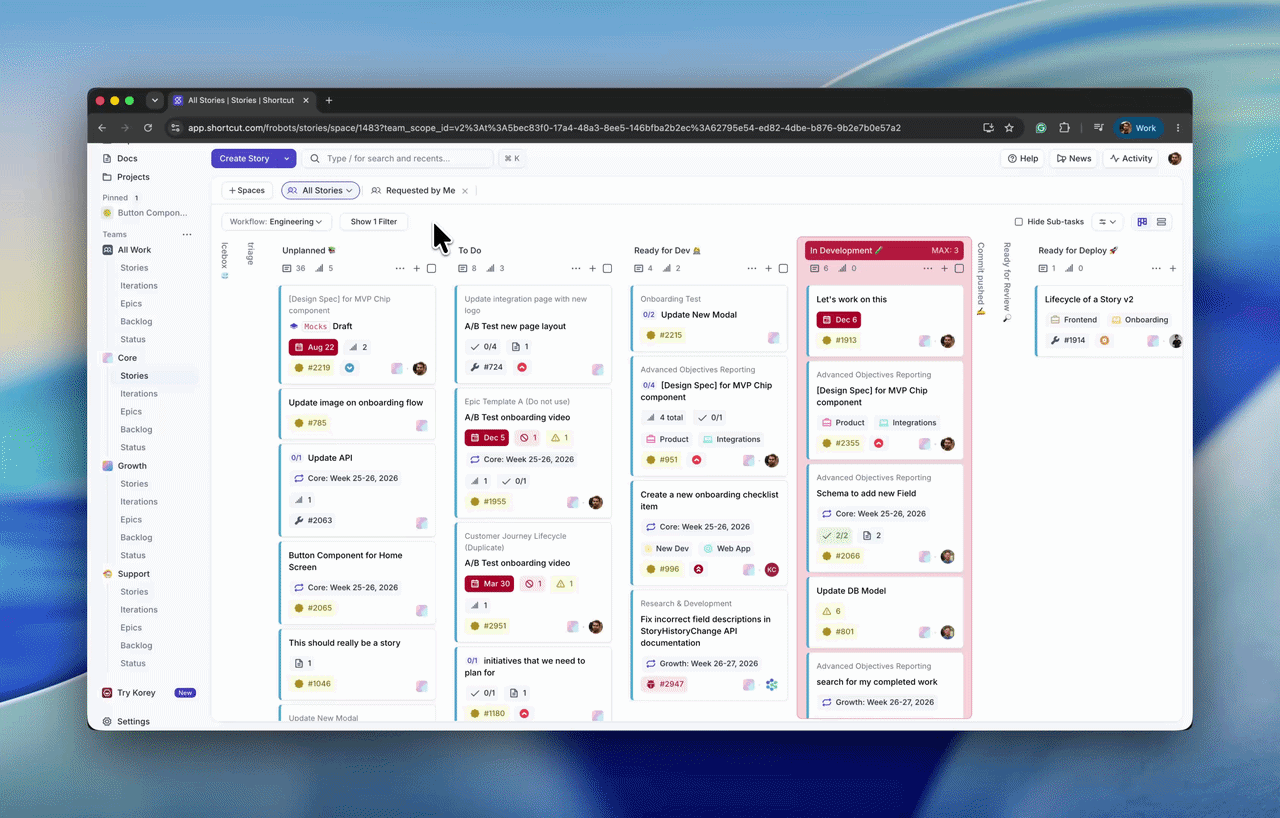 A Shortcut Stories page with several team Spaces