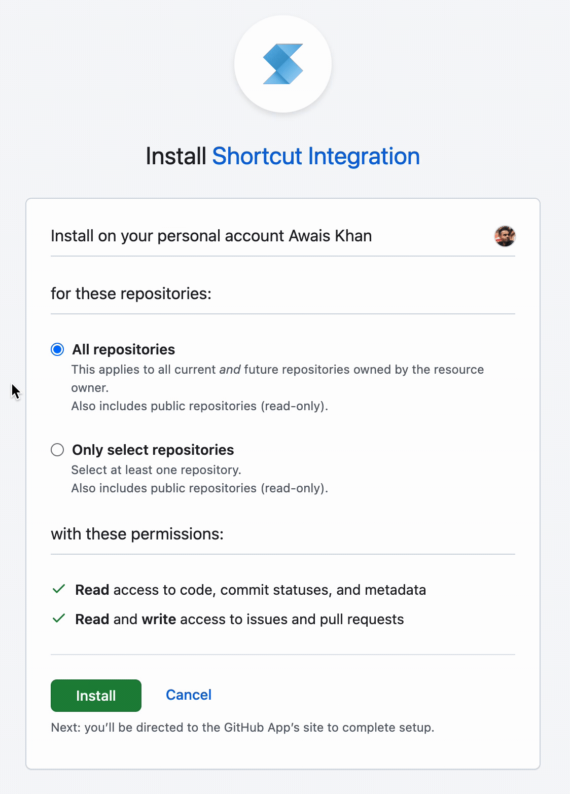 Select GitHub repository access