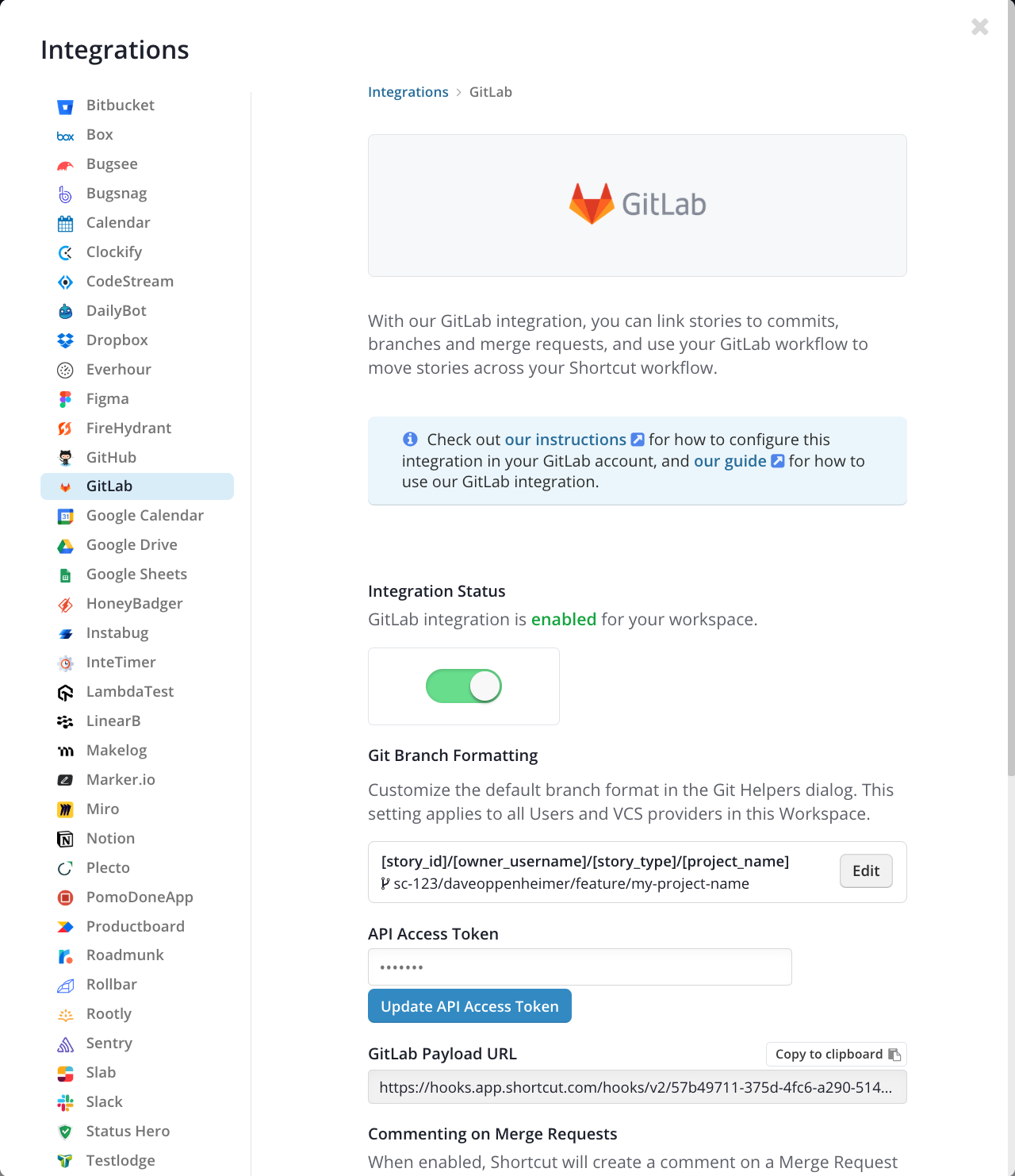 GitLab integration settings in Shortcut