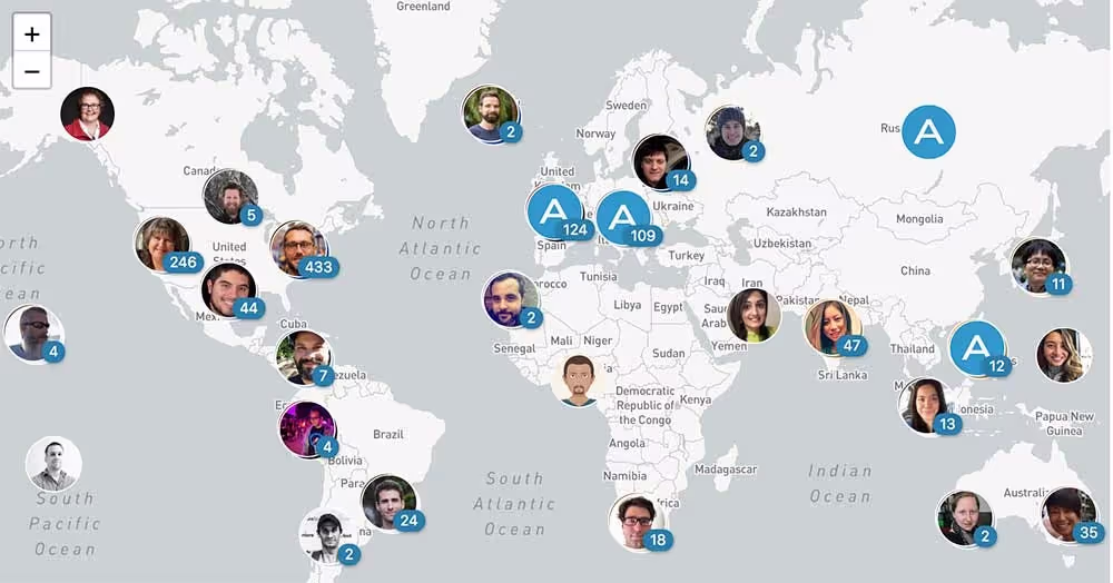A map showing off how distributed Automattic's team is